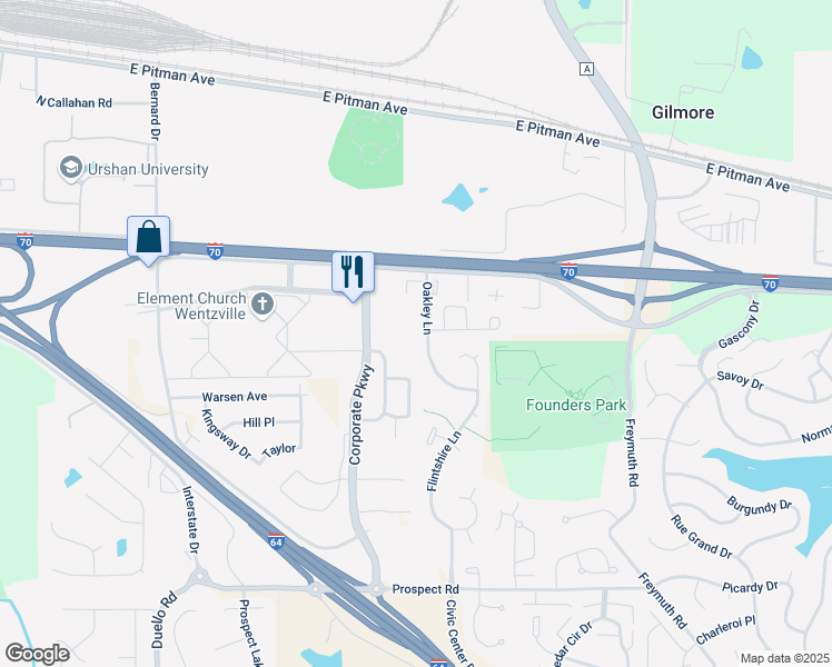 map of restaurants, bars, coffee shops, grocery stores, and more near 102 Homeshire Drive in Wentzville