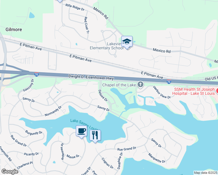 map of restaurants, bars, coffee shops, grocery stores, and more near 12 Bayside Court in Lake Saint Louis