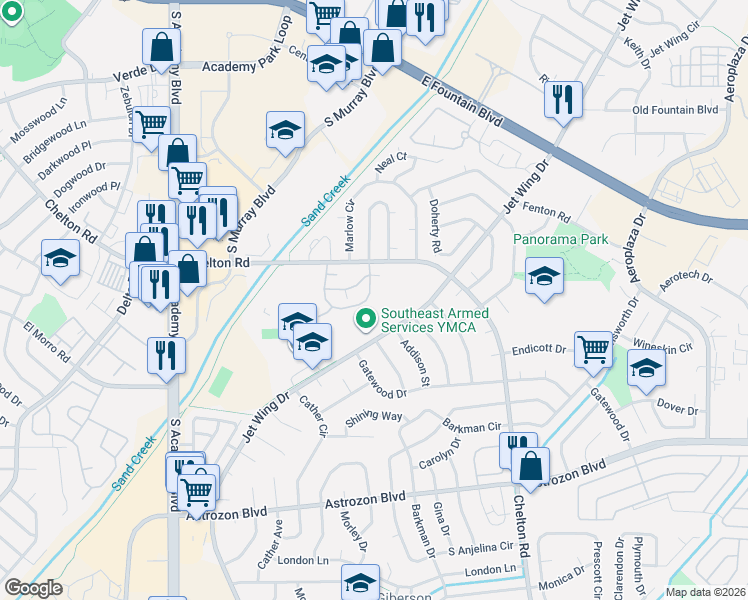 map of restaurants, bars, coffee shops, grocery stores, and more near 4326 Hunting Meadows Circle in Colorado Springs