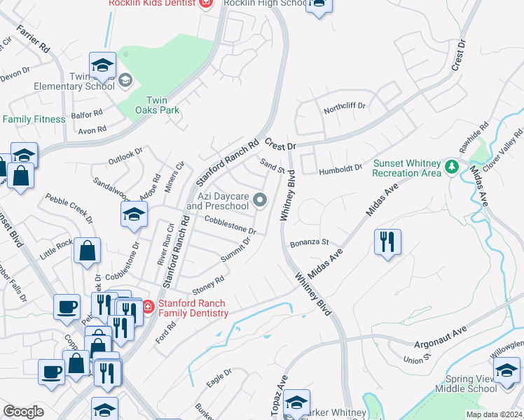 map of restaurants, bars, coffee shops, grocery stores, and more near 5653 Summit Drive in Rocklin
