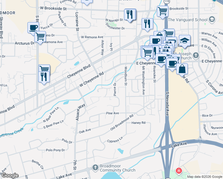 map of restaurants, bars, coffee shops, grocery stores, and more near 138 Creekside Lane in Colorado Springs