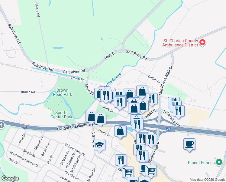map of restaurants, bars, coffee shops, grocery stores, and more near 10 2nd Street in St. Peters