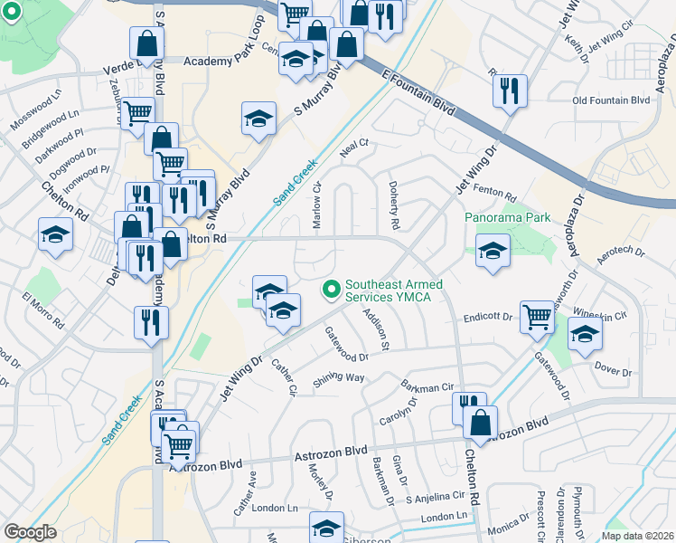 map of restaurants, bars, coffee shops, grocery stores, and more near 4326 Hunting Meadows Circle in Colorado Springs