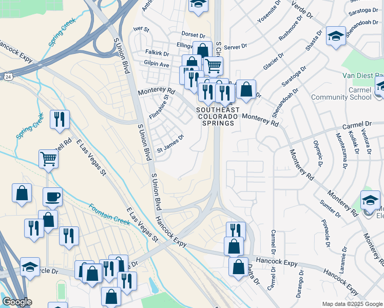 map of restaurants, bars, coffee shops, grocery stores, and more near 1836 Ralphs Ridge in Colorado Springs