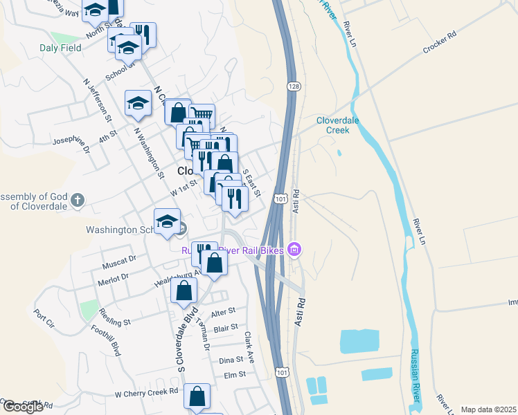 map of restaurants, bars, coffee shops, grocery stores, and more near 133 Railroad Avenue in Cloverdale