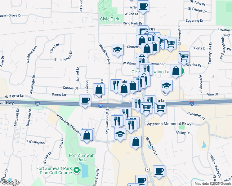 map of restaurants, bars, coffee shops, grocery stores, and more near 609 School Street in O'Fallon