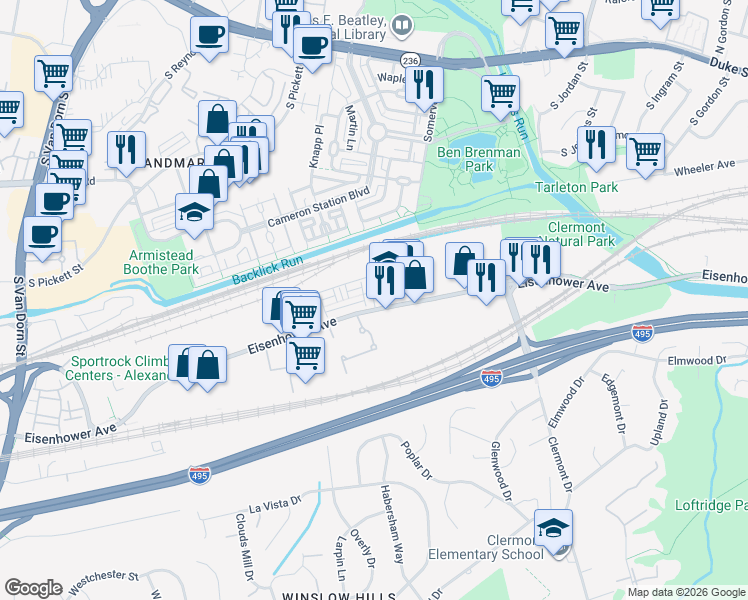 map of restaurants, bars, coffee shops, grocery stores, and more near 111 Warburton Street in Alexandria