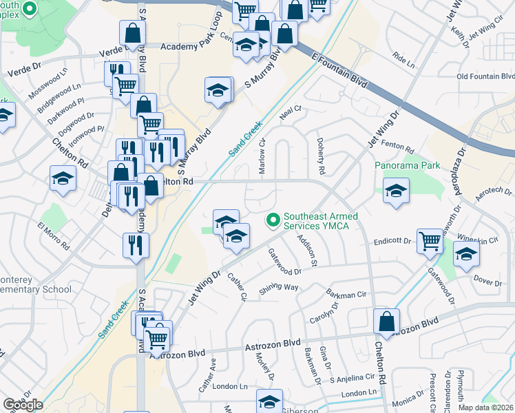 map of restaurants, bars, coffee shops, grocery stores, and more near 4329 Hawks Lookout Lane in Colorado Springs