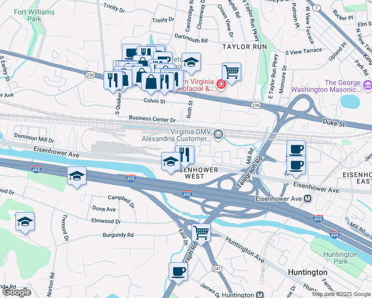 map of restaurants, bars, coffee shops, grocery stores, and more near 160 Ike Drive in Alexandria