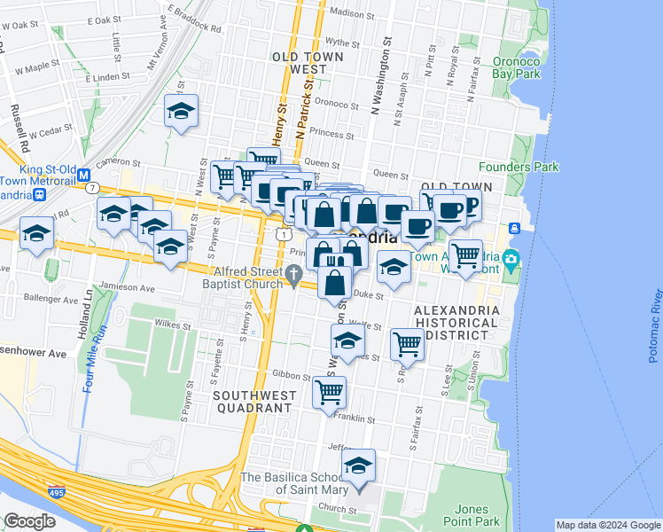 map of restaurants, bars, coffee shops, grocery stores, and more near 706 Prince Street in Alexandria
