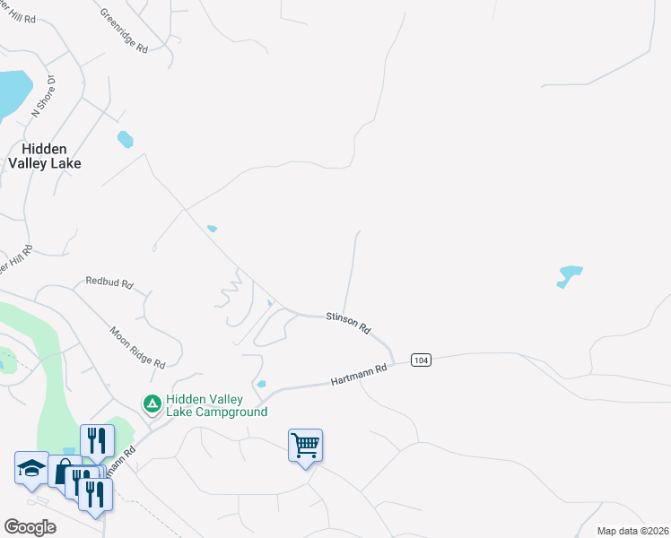 map of restaurants, bars, coffee shops, grocery stores, and more near 19652 Stinson Road in Hidden Valley Lake