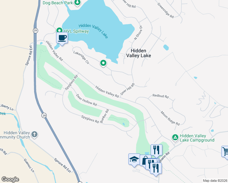 map of restaurants, bars, coffee shops, grocery stores, and more near 18698 Hidden Valley Road in Hidden Valley Lake