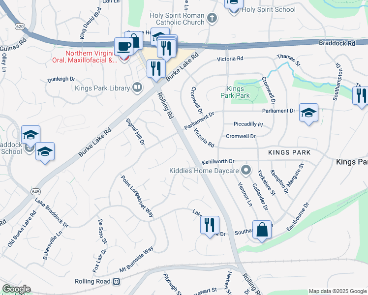 map of restaurants, bars, coffee shops, grocery stores, and more near 5413 Flint Tavern Place in Burke