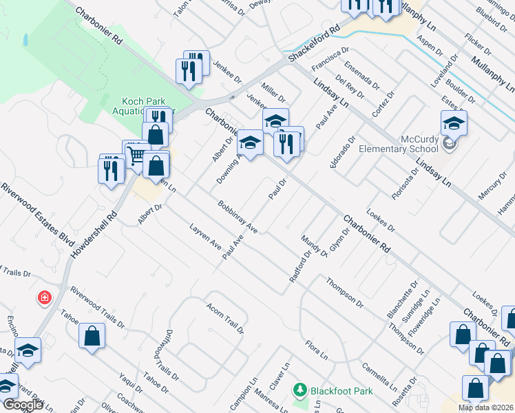 map of restaurants, bars, coffee shops, grocery stores, and more near 230 Gerald Drive in Florissant