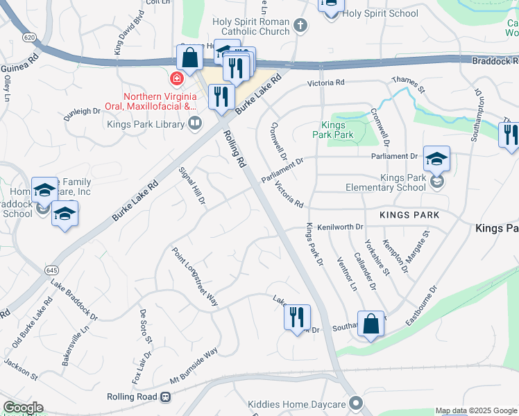 map of restaurants, bars, coffee shops, grocery stores, and more near 5413 Flint Tavern Place in Burke