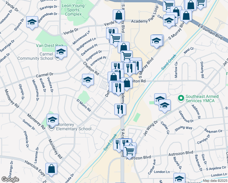 map of restaurants, bars, coffee shops, grocery stores, and more near 1950 South Academy Boulevard in Colorado Springs