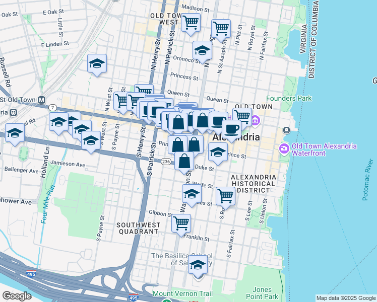 map of restaurants, bars, coffee shops, grocery stores, and more near 201 South Washington Street in Alexandria