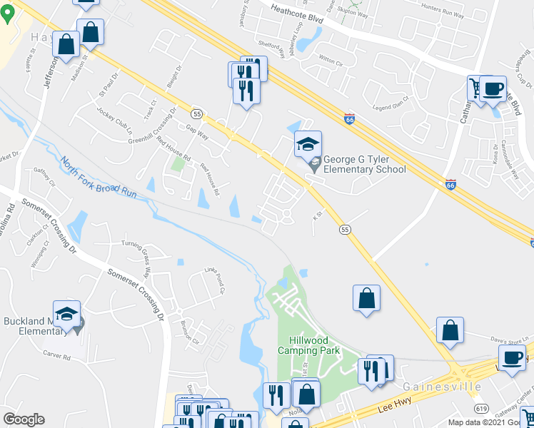 map of restaurants, bars, coffee shops, grocery stores, and more near 7115 Little Thames Drive in Gainesville