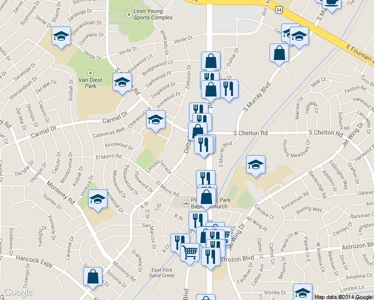 map of restaurants, bars, coffee shops, grocery stores, and more near 1950 Delta Drive in Colorado Springs