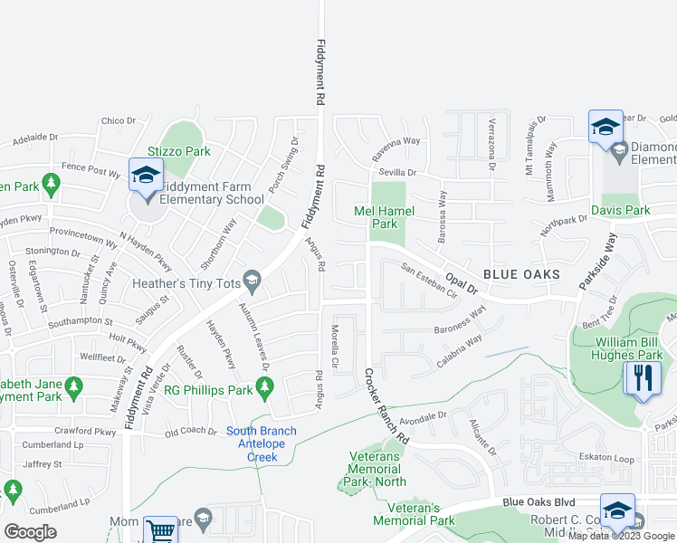 map of restaurants, bars, coffee shops, grocery stores, and more near 257 Mandalay Court in Roseville