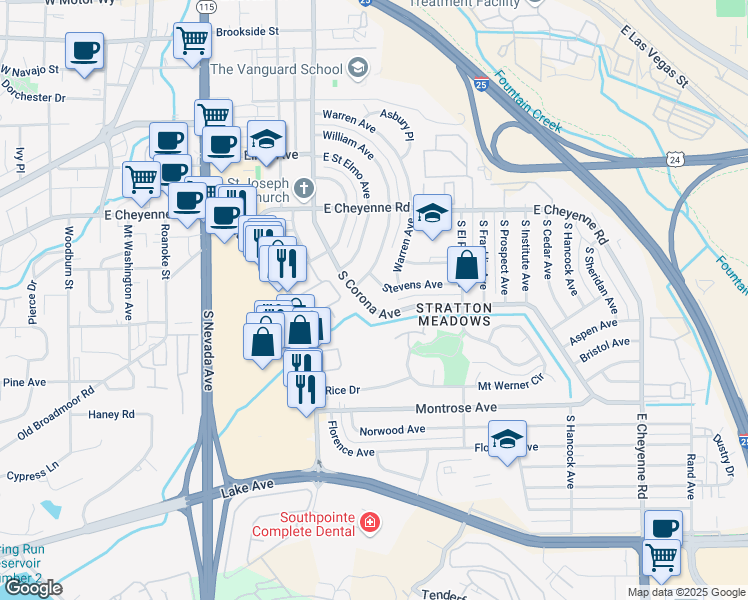 map of restaurants, bars, coffee shops, grocery stores, and more near 2025 South Corona Avenue in Colorado Springs