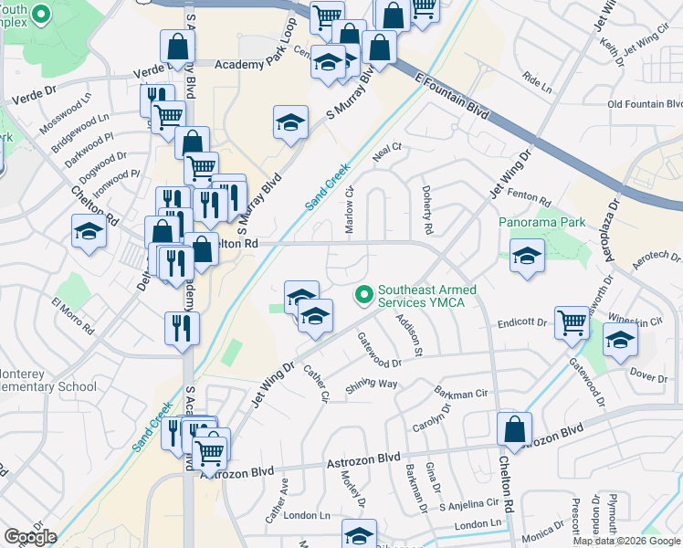 map of restaurants, bars, coffee shops, grocery stores, and more near 4243 Hunting Meadows Circle in Colorado Springs