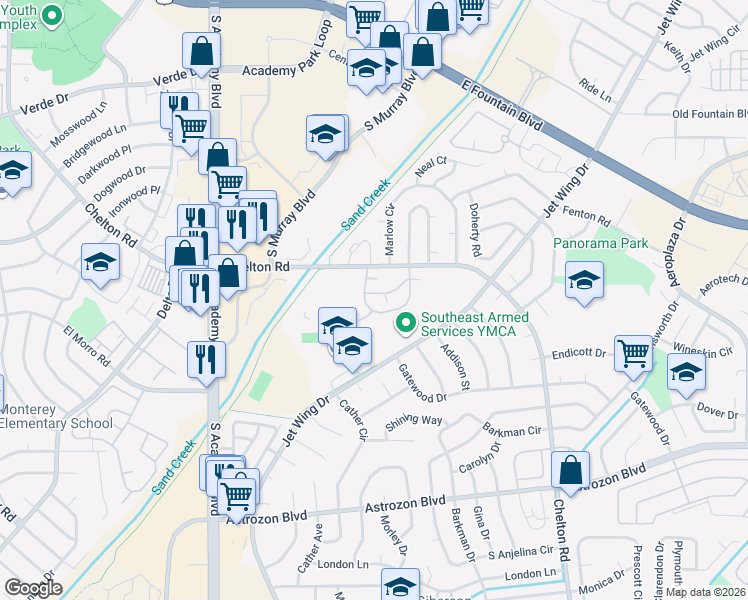 map of restaurants, bars, coffee shops, grocery stores, and more near 4243 Hunting Meadows Circle in Colorado Springs