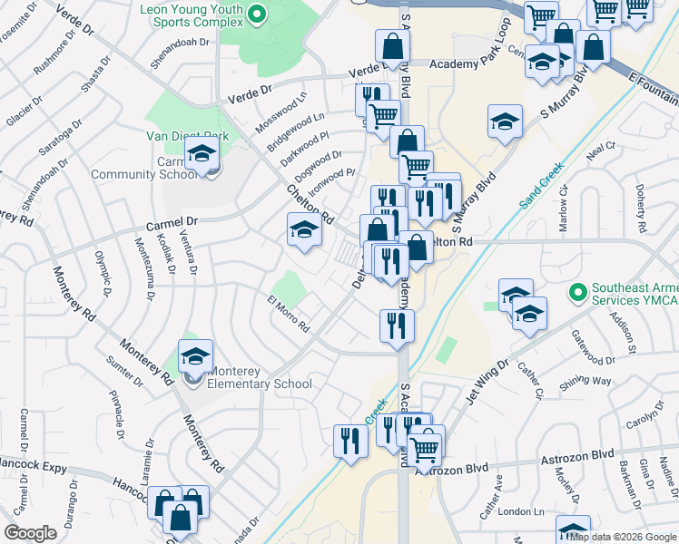 map of restaurants, bars, coffee shops, grocery stores, and more near 1950 Delta Drive in Colorado Springs