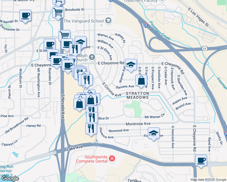 map of restaurants, bars, coffee shops, grocery stores, and more near 2025 South Corona Avenue in Colorado Springs