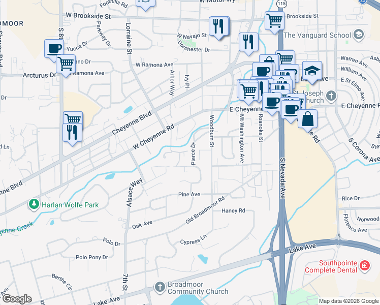 map of restaurants, bars, coffee shops, grocery stores, and more near 138 Creekside Lane in Colorado Springs