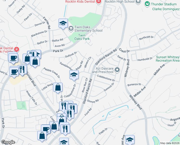 map of restaurants, bars, coffee shops, grocery stores, and more near 5707 Cobblestone Drive in Rocklin