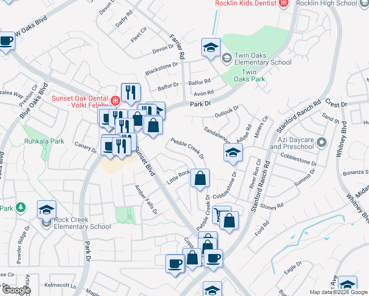 map of restaurants, bars, coffee shops, grocery stores, and more near 3047 Strand Road in Rocklin