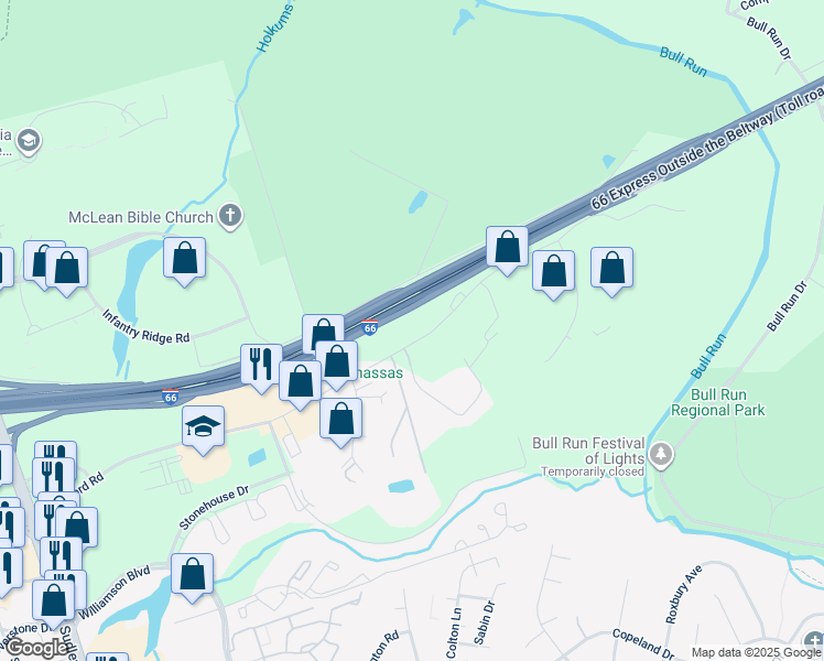map of restaurants, bars, coffee shops, grocery stores, and more near 10220 Balls Ford Road in Manassas