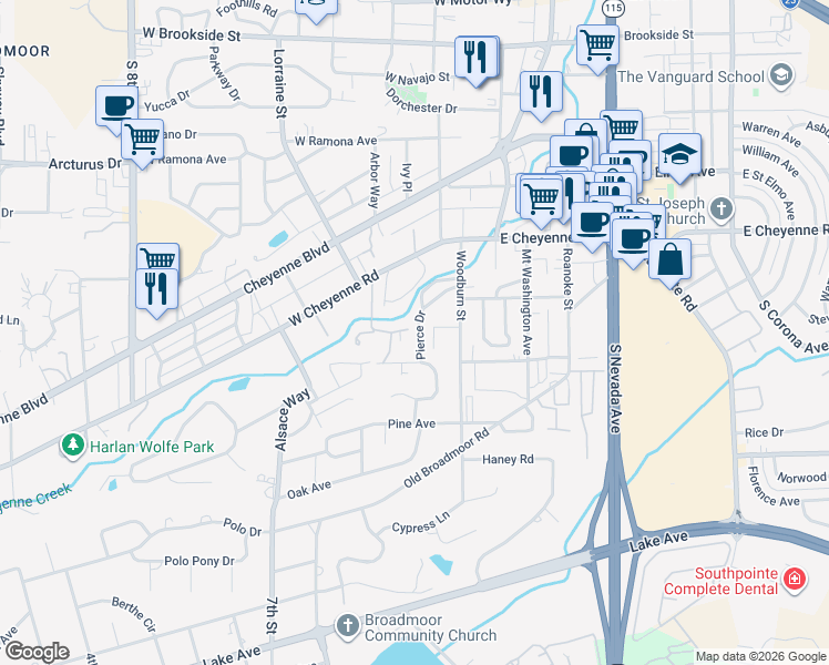 map of restaurants, bars, coffee shops, grocery stores, and more near 138 Creekside Lane in Colorado Springs