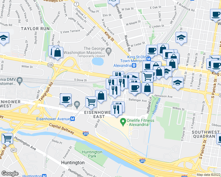 map of restaurants, bars, coffee shops, grocery stores, and more near 2121 Jamieson Avenue in Alexandria