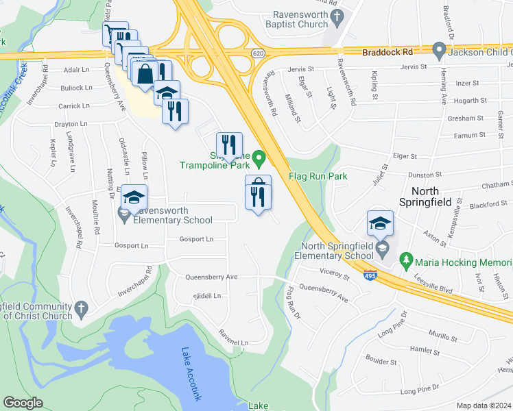 map of restaurants, bars, coffee shops, grocery stores, and more near 5408 Port Royal Road in Springfield