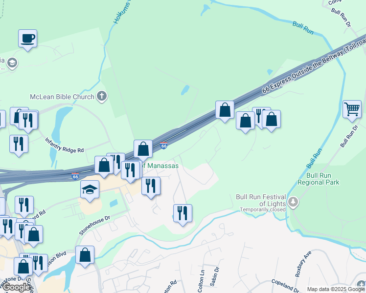 map of restaurants, bars, coffee shops, grocery stores, and more near 10220 Balls Ford Road in Manassas