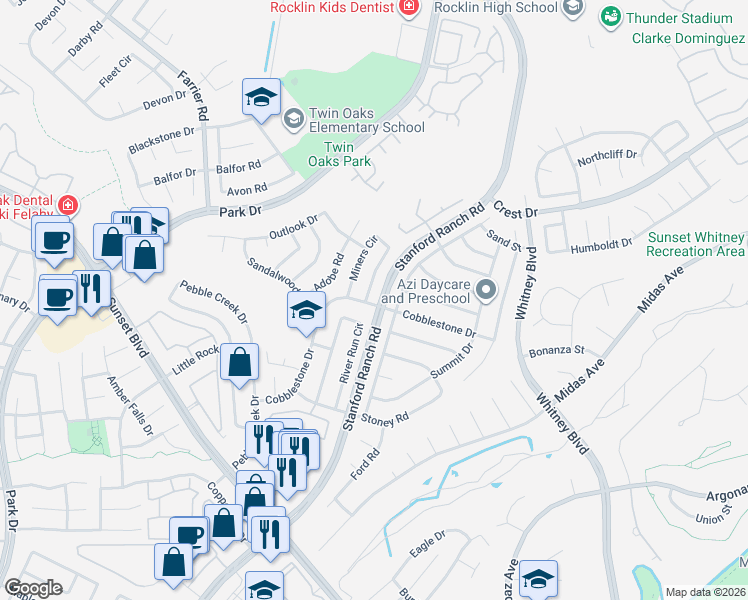 map of restaurants, bars, coffee shops, grocery stores, and more near 5707 Cobblestone Drive in Rocklin