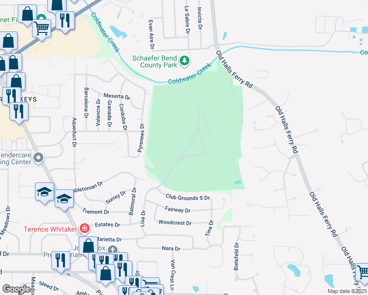 map of restaurants, bars, coffee shops, grocery stores, and more near 27 Club Grounds North Drive in Florissant