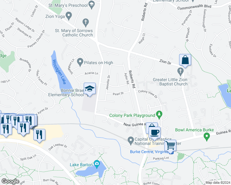 map of restaurants, bars, coffee shops, grocery stores, and more near 10412 Pearl Street in Fairfax