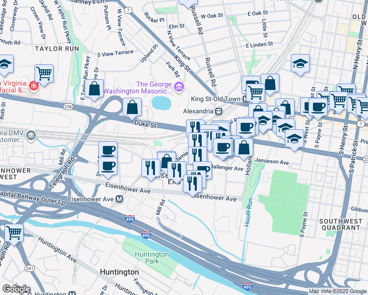 map of restaurants, bars, coffee shops, grocery stores, and more near 2121 Jamieson Avenue in Alexandria