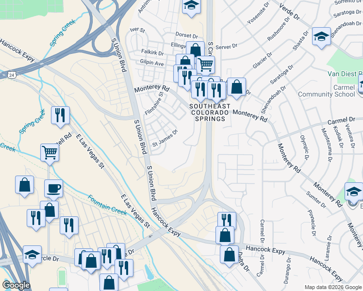 map of restaurants, bars, coffee shops, grocery stores, and more near 1836 Ralphs Ridge in Colorado Springs