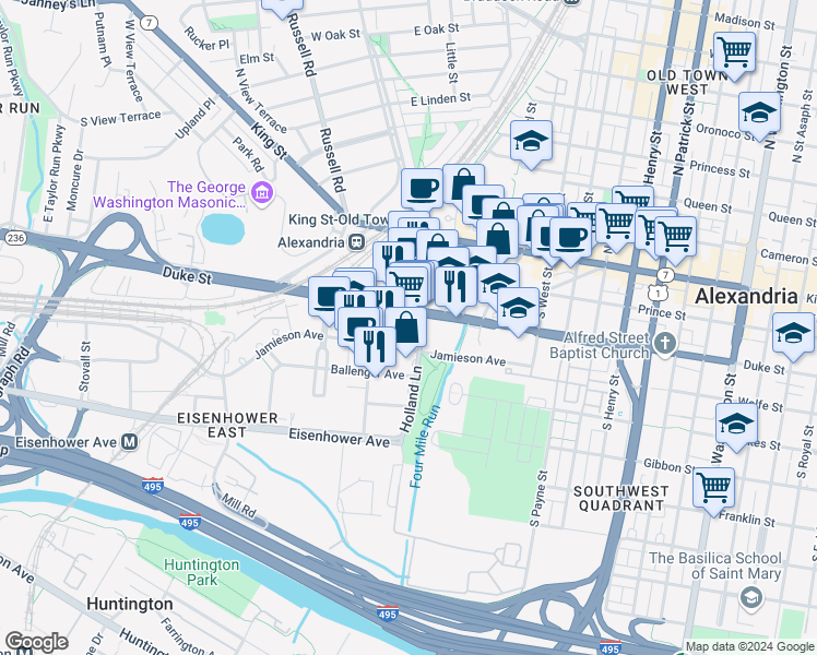 map of restaurants, bars, coffee shops, grocery stores, and more near 309 Holland Lane in Alexandria