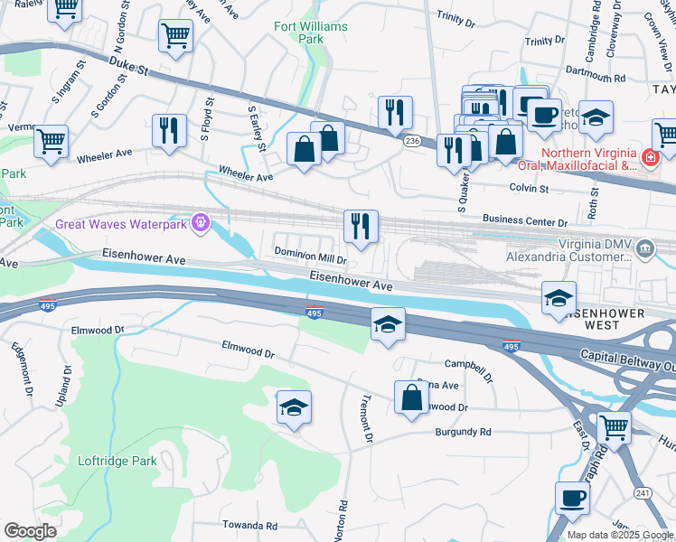 map of restaurants, bars, coffee shops, grocery stores, and more near 3807 Eisenhower Avenue in Alexandria