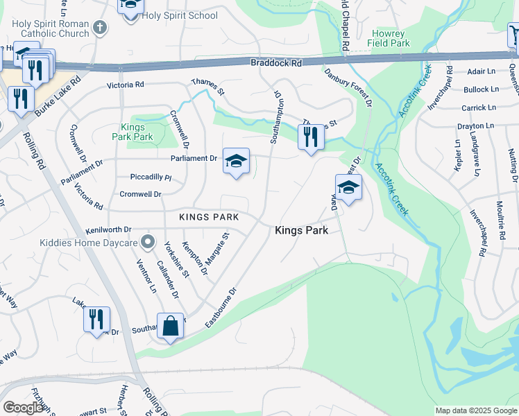 map of restaurants, bars, coffee shops, grocery stores, and more near 5406 Southampton Drive in Springfield