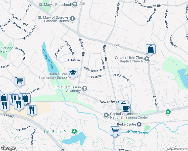 map of restaurants, bars, coffee shops, grocery stores, and more near 10412 Pearl Street in Fairfax