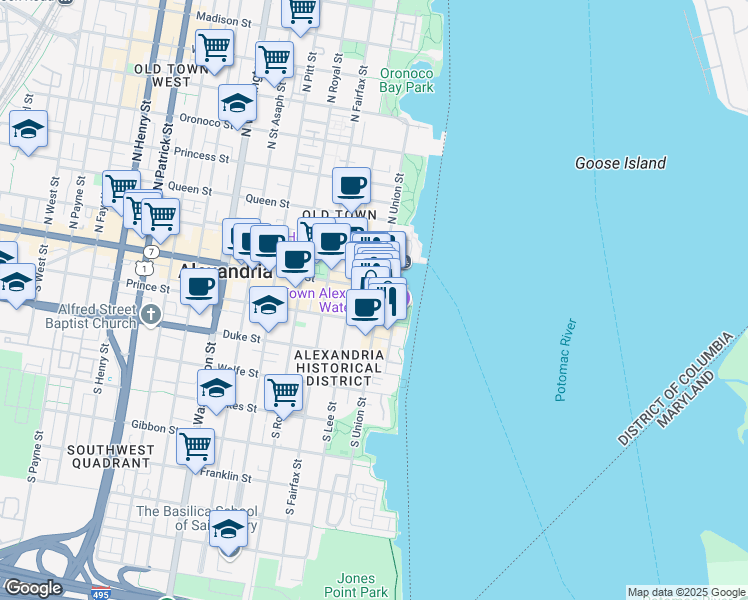 map of restaurants, bars, coffee shops, grocery stores, and more near 107 South Union Street in Alexandria
