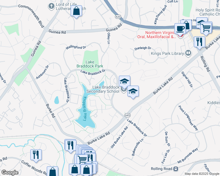 map of restaurants, bars, coffee shops, grocery stores, and more near 5412 Mersea Court in Burke