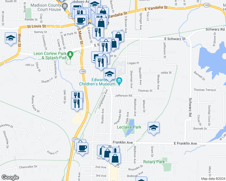 map of restaurants, bars, coffee shops, grocery stores, and more near 744 Troy Road in Edwardsville