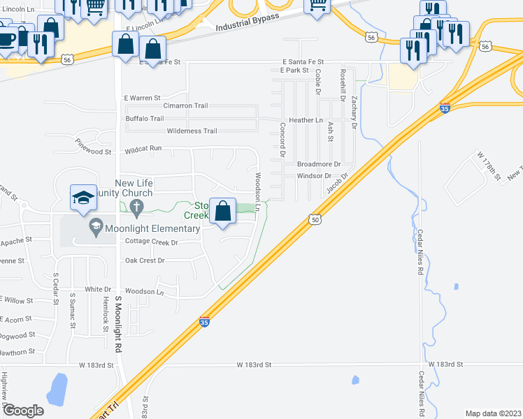 map of restaurants, bars, coffee shops, grocery stores, and more near 481 Woodson Lane in Gardner